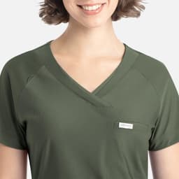 A khaki green Y-neck top featuring a pocket and a logo, designed with a comfortable fit.