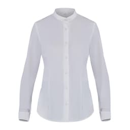 A white button-up shirt with long sleeves and a mandarin collar, featuring a subtle logo.