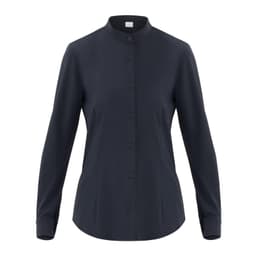 A dark navy button-up shirt featuring a collar and long sleeves, with a branding logo.