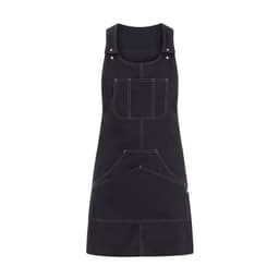 A black pinafore dress featuring multiple pockets and stitching details, with a logo present.