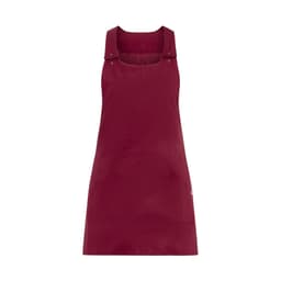 A burgundy pinafore dress with adjustable straps and a front pocket, featuring a logo.