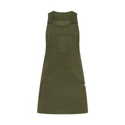 An olive green pinafore dress featuring a front pocket and a simple design, with shoulder straps and a branding logo.