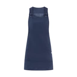 A navy Zonda Pinafore dress with a minimalist design and branded logo. Adjustable straps are included.