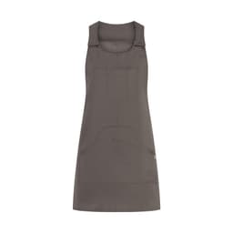 A grey Zonda Pinafore dress featuring adjustable straps and front pockets, with a branding logo.