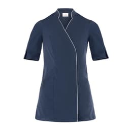 A navy blue tunic with short sleeves and white piping, featuring a logo. Suitable for uniforms.