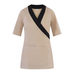 A beige tunic with short sleeves and a black wrap design, featuring a front pocket and a logo.