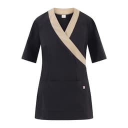 A black and tan tunic with short sleeves and a front pocket, featuring a logo on the side.