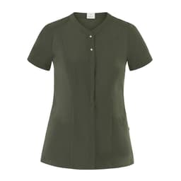 A khaki green tunic with short sleeves, a button closure, and two front pockets. The garment has a logo.
