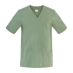 A light green Flavio Tunic, featuring short sleeves and a V-neck design, with two front pockets and a chest pocket.