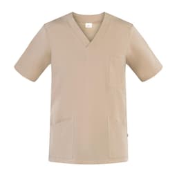 A lightweight, short-sleeved tunic in a neutral beige colour, featuring a V-neck and multiple pockets.