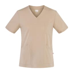 A beige Sonia Tunic with a V-neck, short sleeves, and pockets. It features a logo on the label.