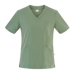 A short-sleeved tunic in a soft green colour, featuring a V-neck, front pocket, and side pockets.