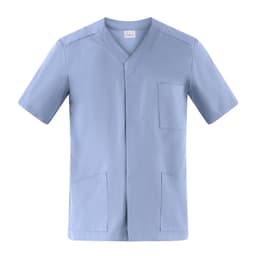 A blue tunic with short sleeves, featuring a v-neck and multiple pockets. It has a small label and branding.