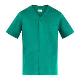 A green tunic with a v-neck, short sleeves, and pockets. Features a logo on the front.