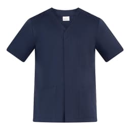 A navy blue tunic featuring a V-neck design and short sleeves, with pockets and a logo.