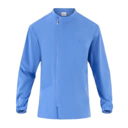 A light blue tunic with a zip front and long sleeves, featuring a chest pocket and logo.