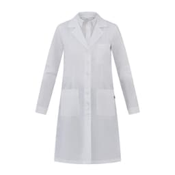 A white lab coat with long sleeves, two front pockets, and a collar, featuring a small logo.