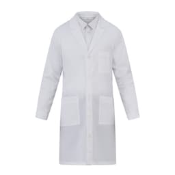 A white lab coat featuring a collar, long sleeves, and multiple pockets. It has a branded logo on it.
