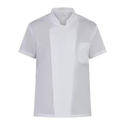 A white chef jacket with a mandarin collar, featuring a side pocket and a minimalist design. It has a logo.