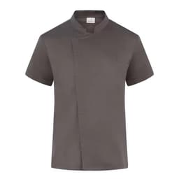 A short-sleeved chef jacket in a dark grey colour, featuring a pocket and an understated design, with a branding logo.