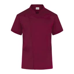 A burgundy chef jacket with a short sleeve design and a collar. It features a logo on the front.