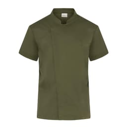 A short-sleeved chef jacket in olive green with a pocket and a logo on the collar.