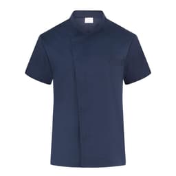A navy blue chef jacket with a mandarin collar and short sleeves, featuring a single pocket and a logo.