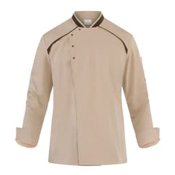 A beige chef jacket featuring brown accents and a double-breasted design, with a logo on the sleeve.