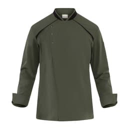 A chef's jacket in dark green with black accents, featuring a stylish collar and long sleeves.