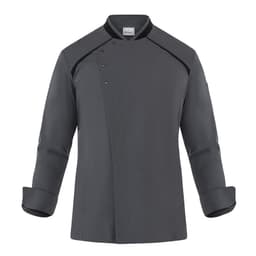 A grey chef jacket featuring a buttoned front, long sleeves, and a collar, with a branding logo on the side.