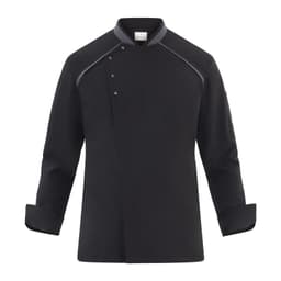 A black chef jacket featuring a modern design with a button-up front and long sleeves. It includes a logo on the sleeve.
