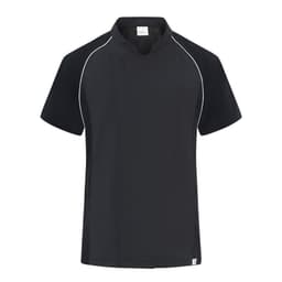 A black chef jacket featuring short sleeves and white piping, designed for professional kitchen wear.