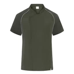 A short-sleeved chef jacket in dark green with contrasting piping, featuring a logo on the neckline.