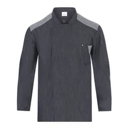 A dark grey chef jacket with grey accents, featuring a front pocket and a logo on the chest.