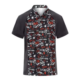 A chef jacket in black featuring a vibrant, graphic design with red and white text elements and a logo.