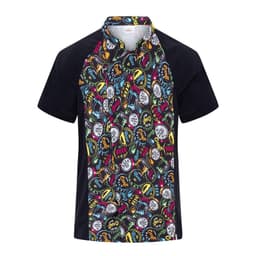 A chef jacket featuring a colourful, patterned front with black sleeves and a branded logo.