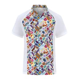 A chef jacket featuring a white base with colourful comic-style graphics and a distinctive patterned collar.