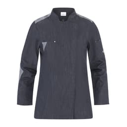 A dark grey chef jacket featuring a modern design and a small pocket. Includes branding on the sleeve.
