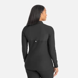 A black full zip track jacket with a fitted design, featuring long sleeves and a back view showcasing a branding logo.