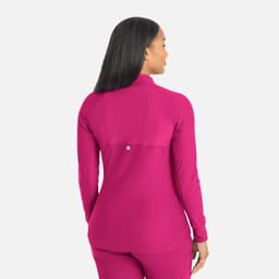 A full zip track jacket in vibrant pink with a fitted silhouette and a logo on the back.