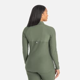 A full zip track jacket in olive green with a fitted design and a logo on the back.