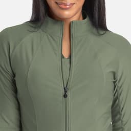 A full zip track jacket in olive green featuring a sleek design and a zippered front. It includes a logo.