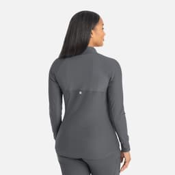 A full zip track jacket in grey with a fitted design and a logo on the back.