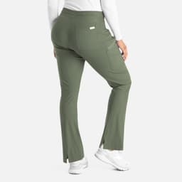 A pair of olive green bootcut pants with a fitted waistband and side pockets, featuring a logo.