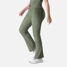 A pair of olive green bootcut pants with an elastic waistband and pockets, featuring a simplistic design.