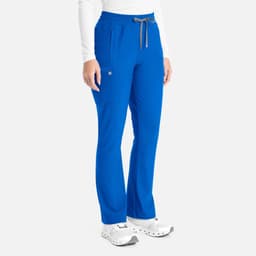 A pair of blue bootcut pants with a drawstring waistband, featuring pockets and a logo.