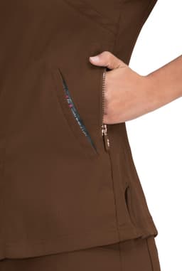 A brown top featuring a zippered pocket on the side, showcasing a colourful inner lining.