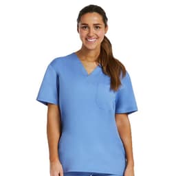 A blue unisex V-neck top with short sleeves and a pocket, featuring a logo.
