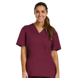 A unisex tuckable V-neck top in burgundy with short sleeves and a pocket, featuring a logo.