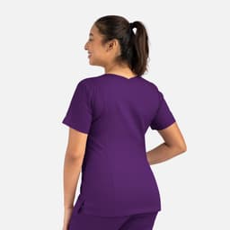 A purple women's double V-neck top, featuring a fitted style and short sleeves, displayed from the back.